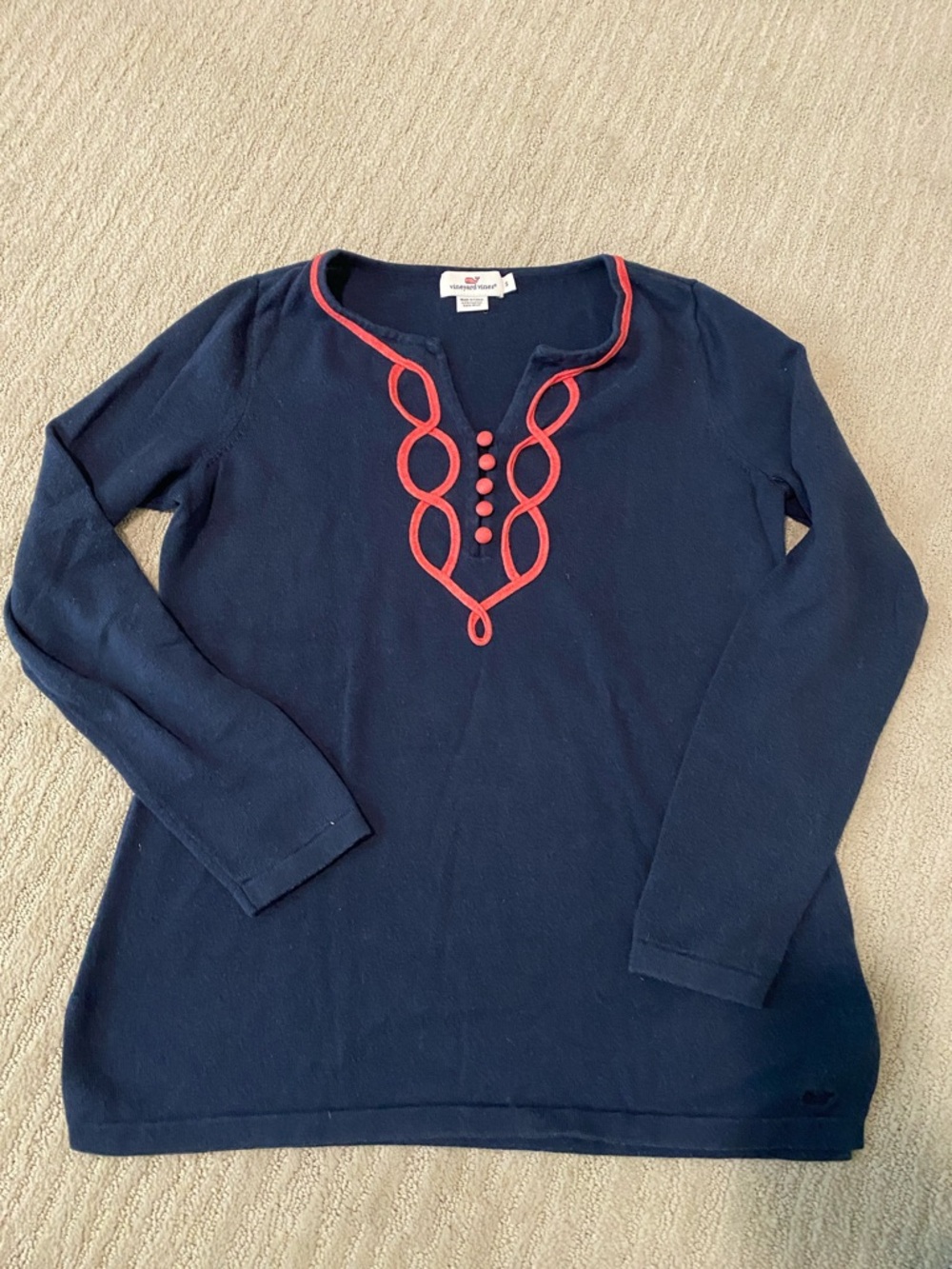 Vineyard Vines Navy Long Sleeve Top with Coral Trim
